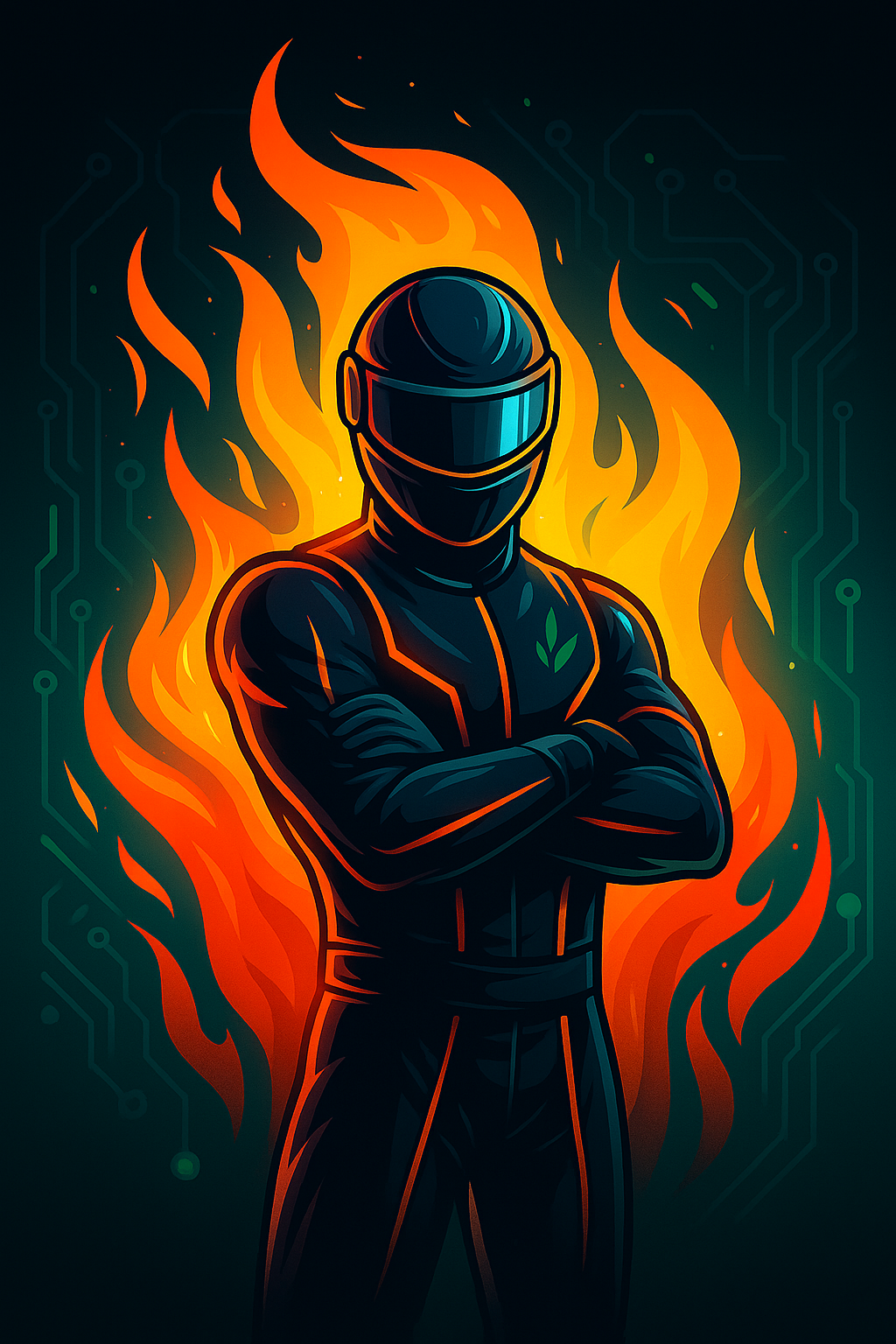 Futuristic Warrior Amidst Flaming Circuitry